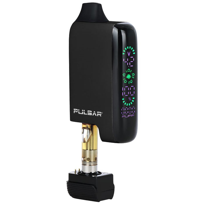 Black vape device with digital display on a white background