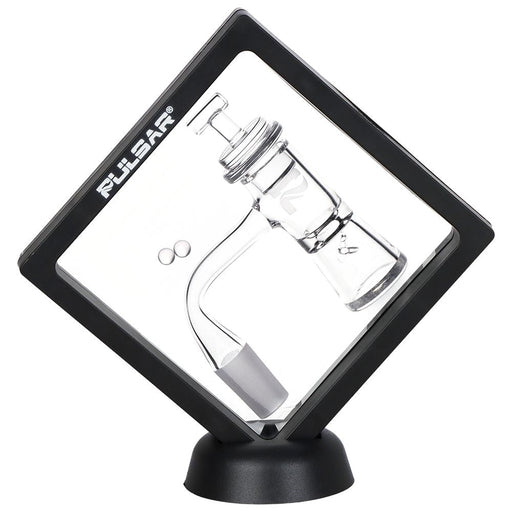 Glass smoking device with black stand and Pulsar branding on a white background