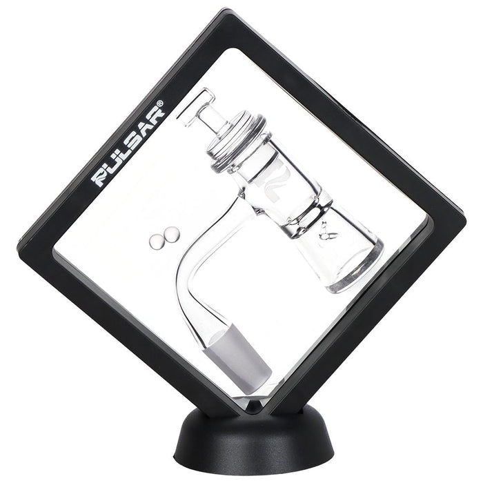 Glass smoking device with black stand and Pulsar branding on a white background