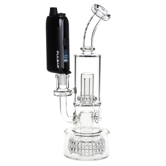 Clear glass smoking device with black electronic component on a white background