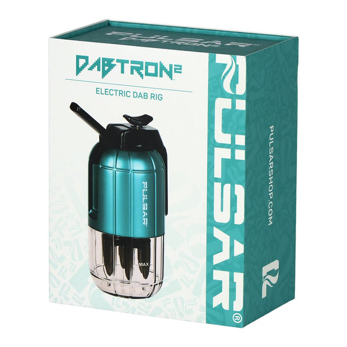 Teal electric dab rig with black top on Pulsar packaging