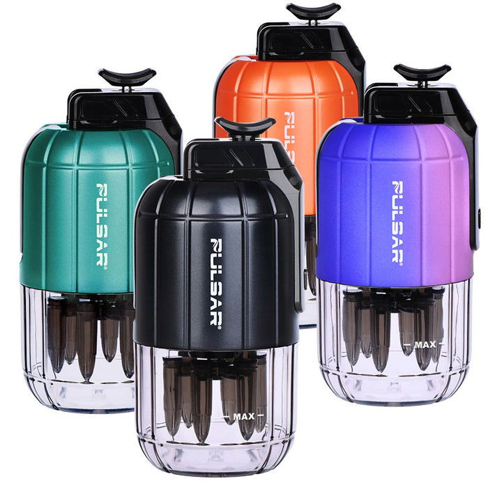 Pulsar Dabtron 2.0 e-rig in four colors: black, green, orange, and purple, showcasing its modern grenade-style design.