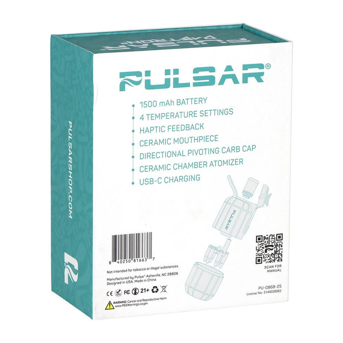 Pulsar Dabtron 2.0 e-rig packaging showcasing features like 1500mAh battery and USB-C charging.
