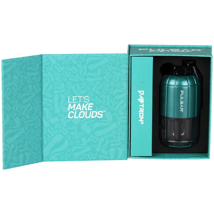 Turquoise vape device in a box with 'Let's Make Clouds' text on a white background
