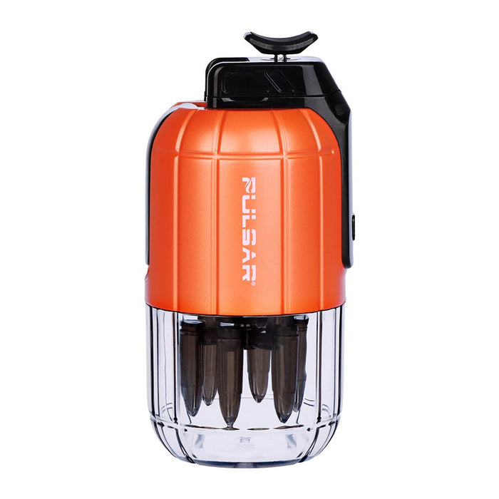 Pulsar Dabtron 2.0 e-rig in orange with transparent base and six bullet tree percolator for an enhanced dabbing experience.
