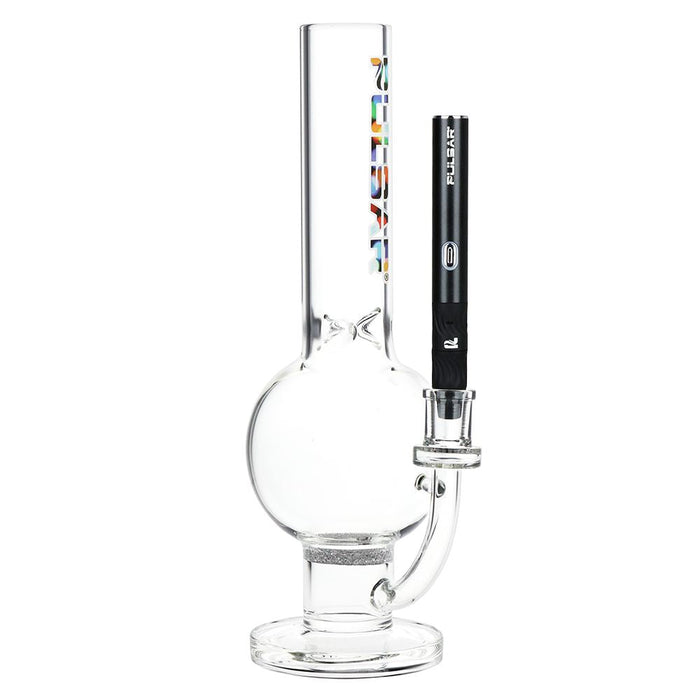 Clear glass water pipe with electronic device on a white background