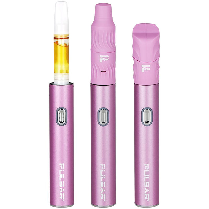 Pink vape pen with components on a white background