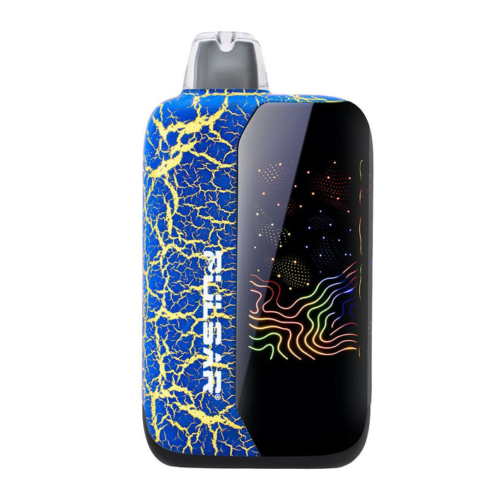 Vape device with blue and yellow cracked pattern on one side and black screen on the other, on a white background.