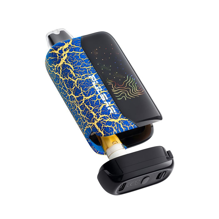 Vape device with blue and yellow design on a white background