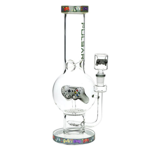 Glass water pipe with colorful base and 'Pulsar' branding on a white background
