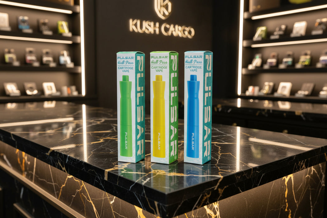 Three boxes of Pulsar cartridge vape with green, yellow, and blue vapes on a white background