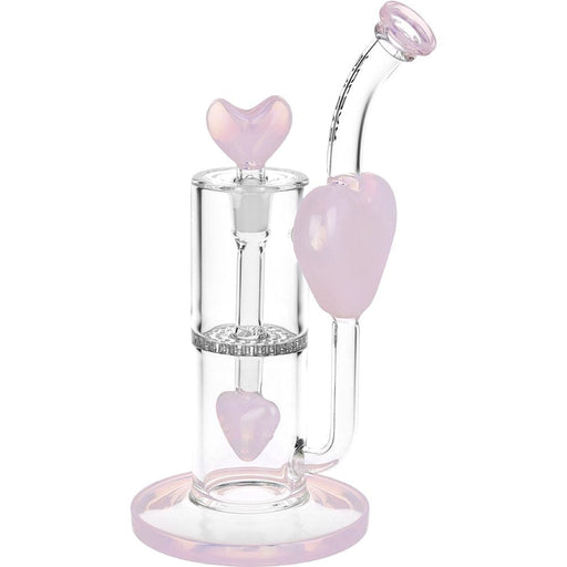 Glass smoking device with pink heart shapes on a white background