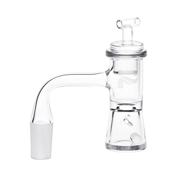 Clear glass water pipe with white base on a white background