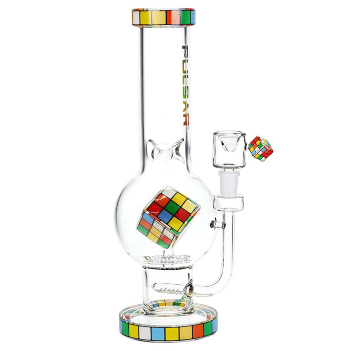 Glass smoking device with Rubik's Cube design on a white background