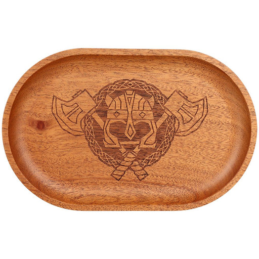 An oval wooden tray with a carved Norse design featuring a Viking helmet, crossed axes, and a circular knotwork border, shown on a plain white background.