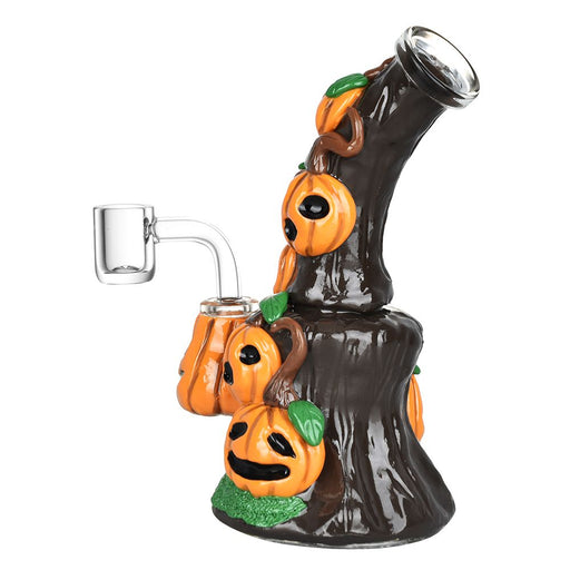 Side view of the Piled Up Pumpkin Patch Glass Dab Rig showcasing the fixed downstem and pumpkin details.