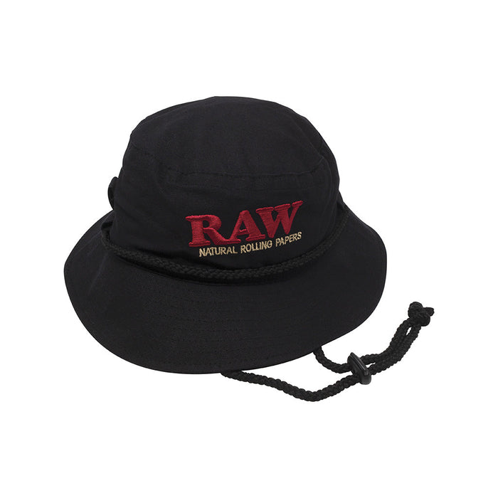 Black bucket hat with 'RAW' logo on a white background