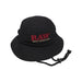 Black bucket hat with 'RAW' logo on a white background