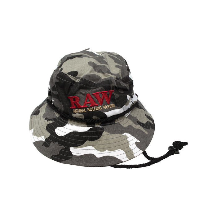 Camouflage bucket hat with 'RAW' logo on a white background