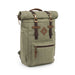 Green backpack with brown straps and accents on a white background