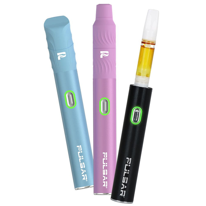 Three Pulsar vape devices in blue, pink, and black on a white background