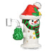 Snowman-shaped glass smoking device with a red hat and green scarf on a white background