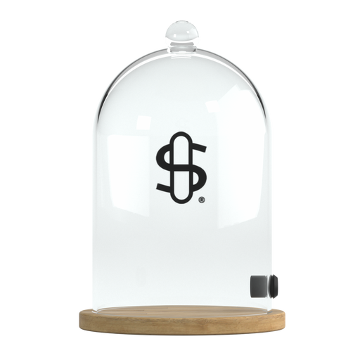 Glass dome with wooden base and black logo on a white background