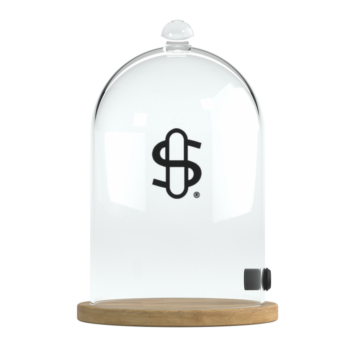 Glass dome with wooden base and black logo on a white background