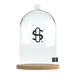 Glass dome with wooden base and black logo on a white background