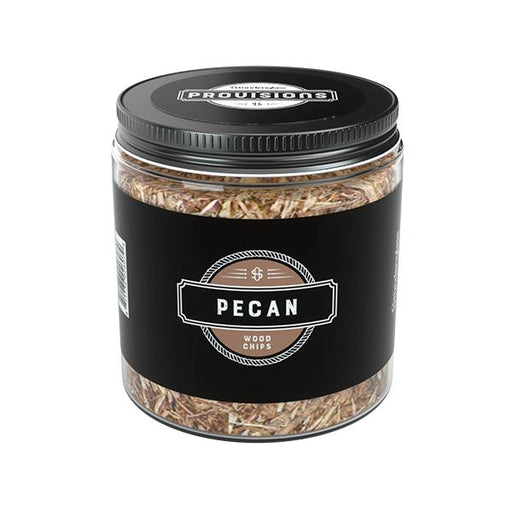 Jar of pecan wood chips with a black lid and label on a white background
