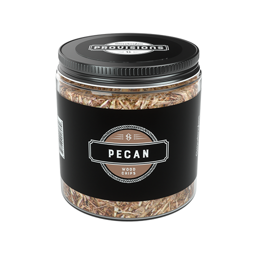 Jar of pecan wood chips with a black lid and label on a white background