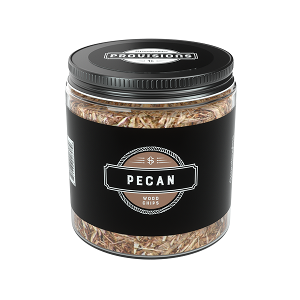 Jar of pecan wood chips with a black lid and label on a white background