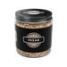 Jar of pecan wood chips with a black lid and label on a white background