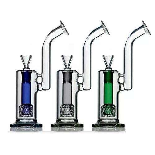 Three glass smoking devices with colored liquids on a white background
