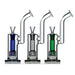 Three glass smoking devices with colored liquids on a white background