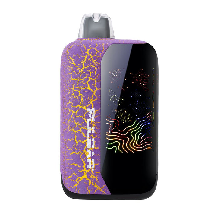 Vape device with purple and yellow cracked pattern on one side and black and colorful design on the other, on a white background.