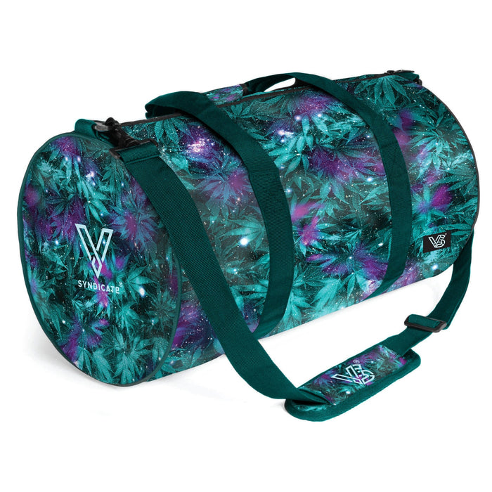 Duffel bag with green and purple leaf pattern on a white background