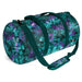 Duffel bag with green and purple leaf pattern on a white background