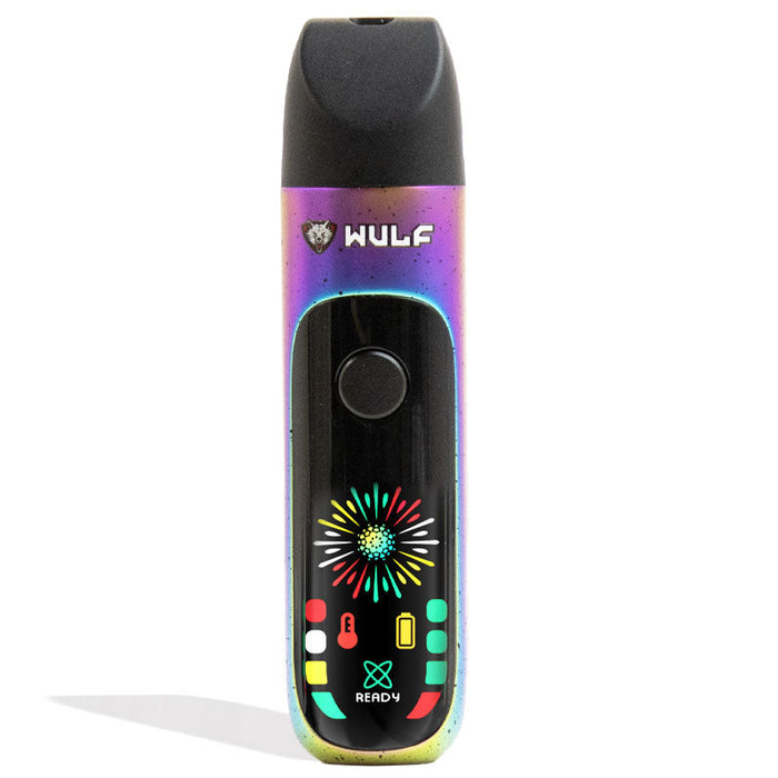 Vape device with colorful display and 'Wulf' branding on a white background