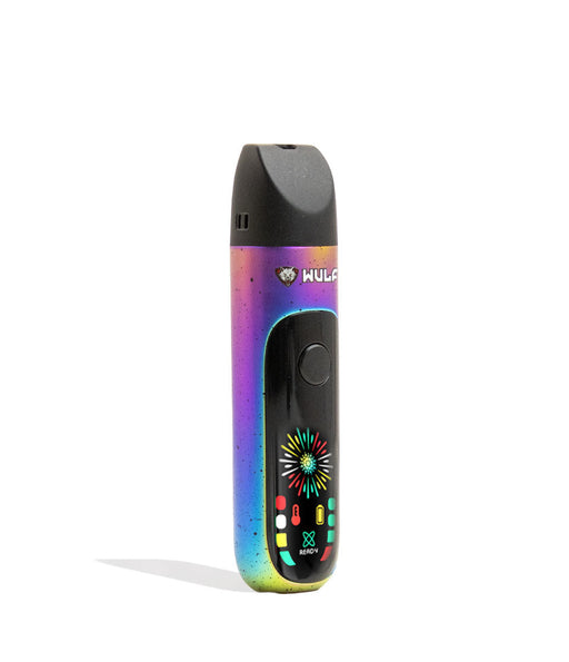 Multicolored vape device with a visible brand logo on a white background