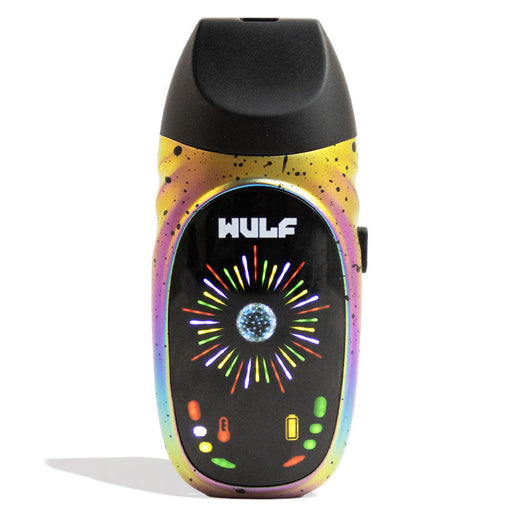 Vape device with colorful display and 'WULF' branding on a white background