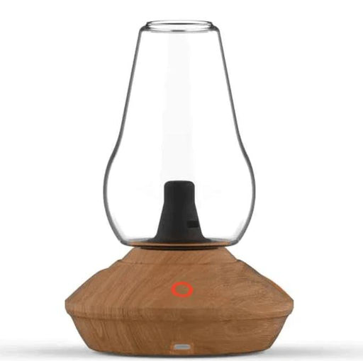 Decorative lamp with wooden base and glass shade on a white background