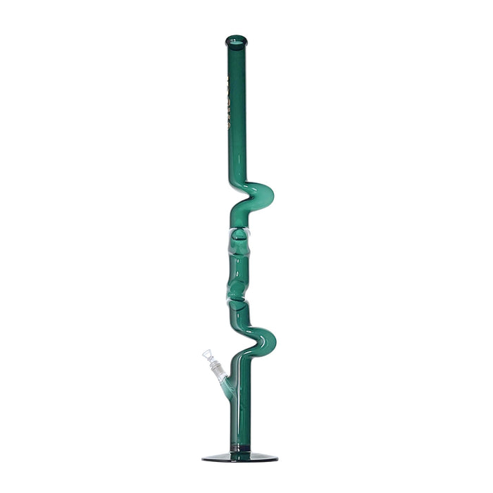 Green glass water pipe with a spiral design on a white background